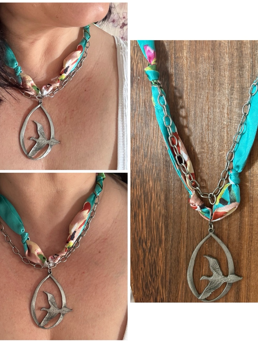 Singing Sparrow-Handmade Silver Bird Pendant on Teal floral silky Scarf Necklace